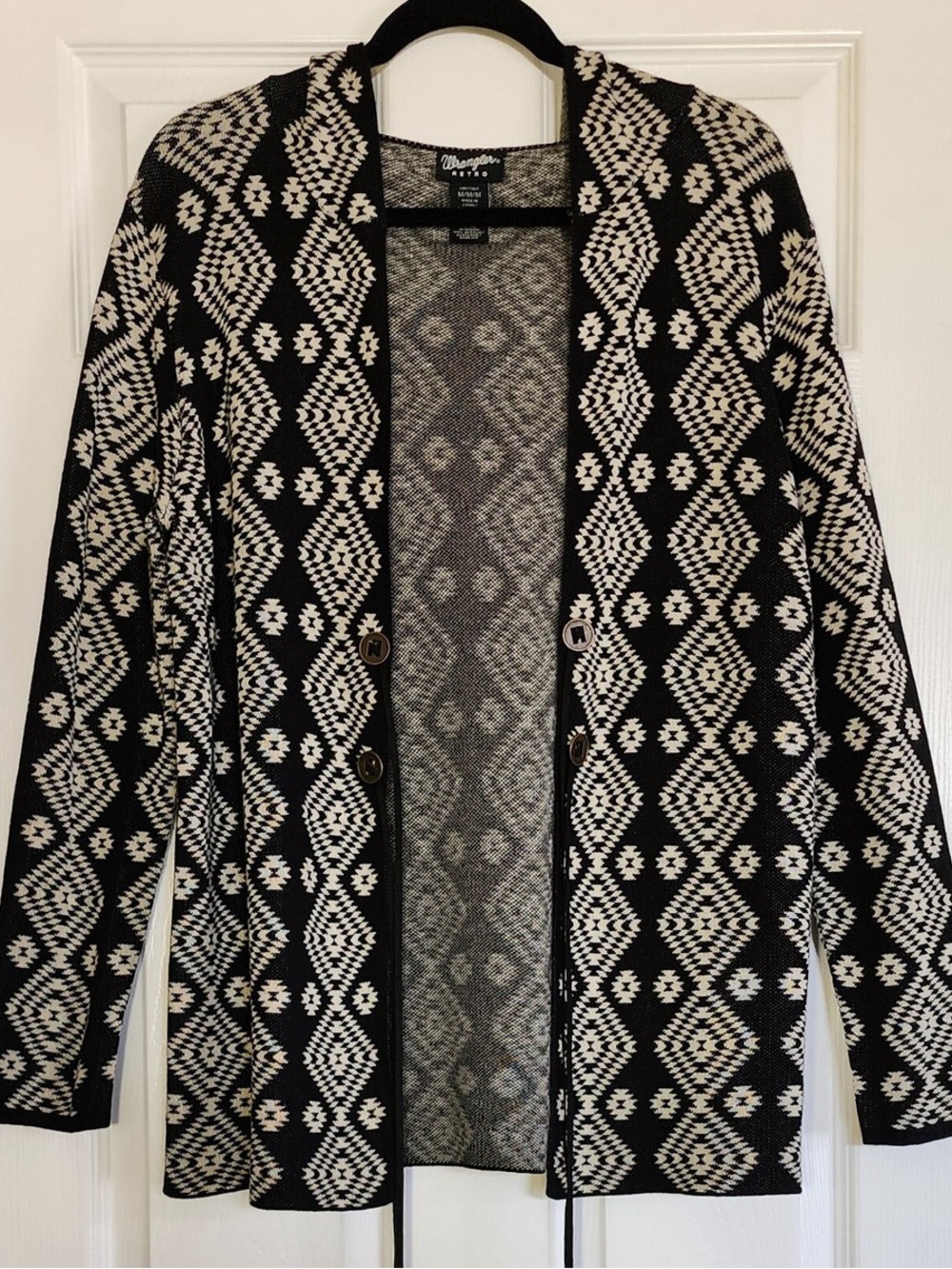Wrangler Retro Geometric Open-Front Hooded Cardigan Sweater - Black & Cream